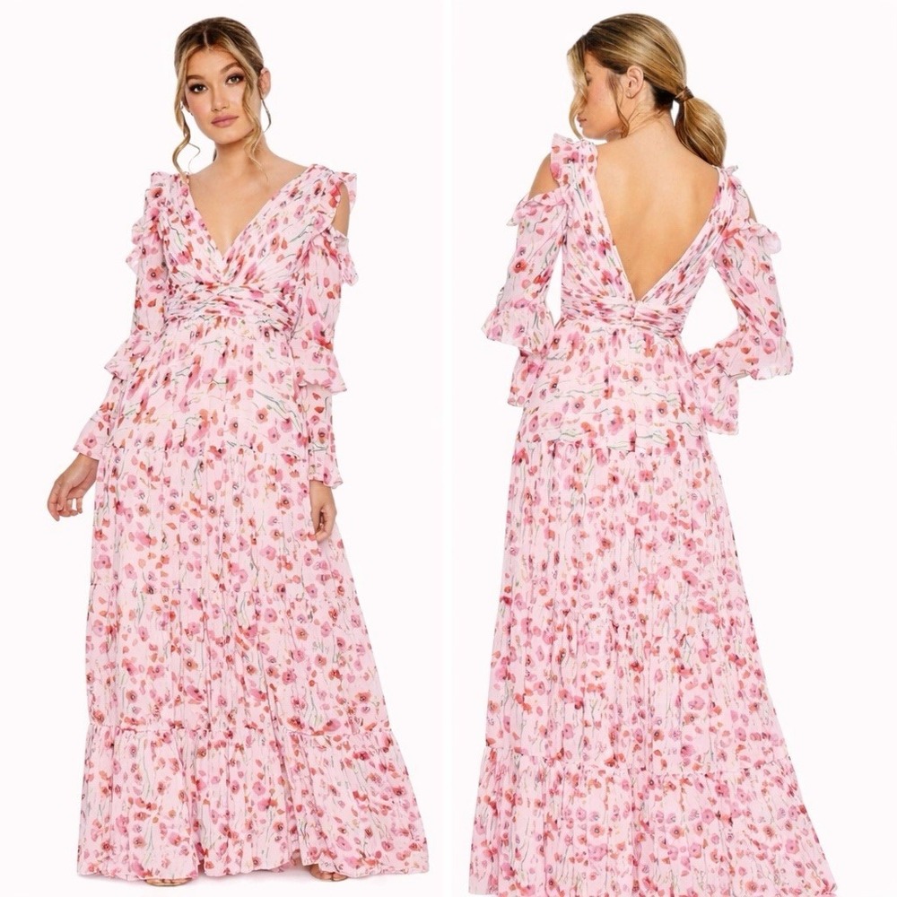 Mac Duggal 55906 Pink Ruffle Sleeve Floral Print Gown Size 10 $598